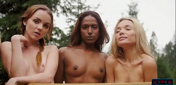  Two white and one black model together in a hot sauna